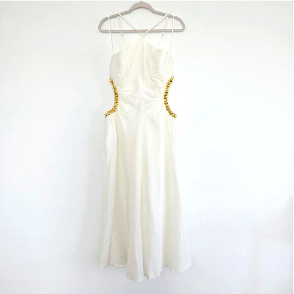 Cult Gaia Off White & Gold Maxi Halter Dress Embellished Side Cutouts Size 10 - Picture 4 of 14